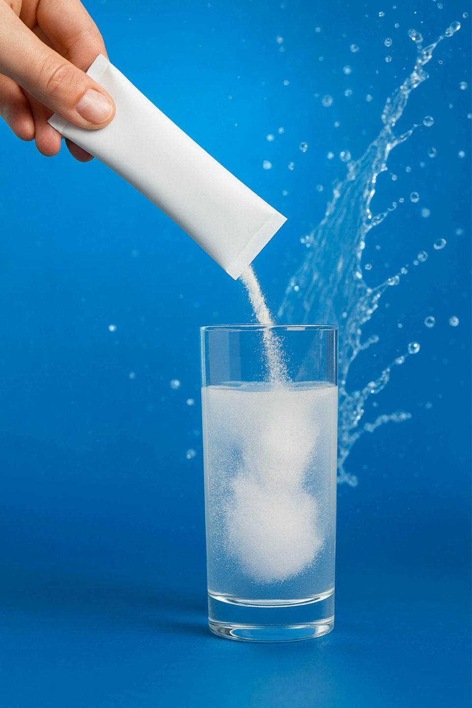 Hand schüttet weißes Pulver aus einem Sachet in ein Glas Wasser, blauer Hintergrund