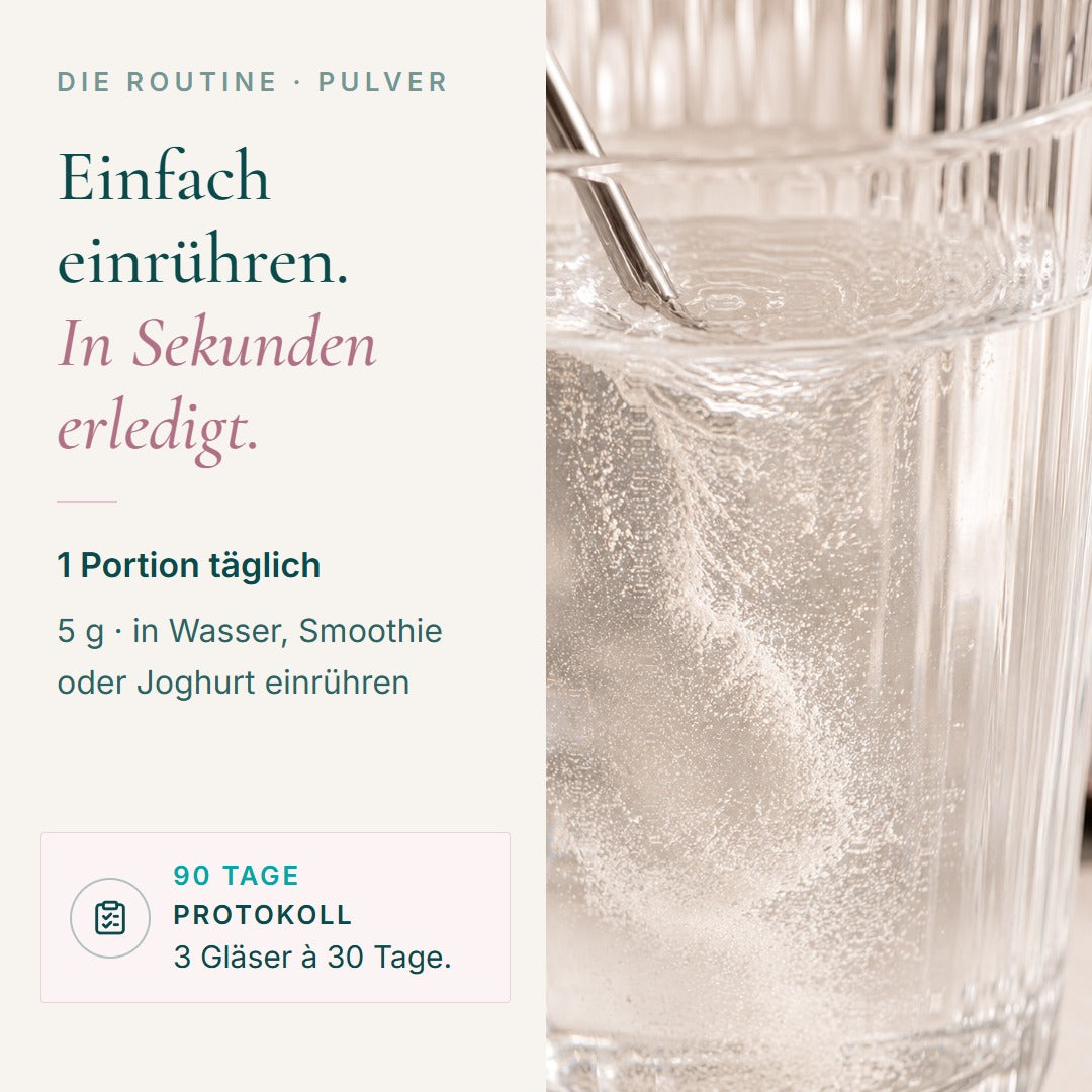 Die Routine: 1 Portion täglich, 5 g in Wasser, Smoothie oder Joghurt einrühren – 90-Tage-Protokoll: 3 Gläser à 30 Tage