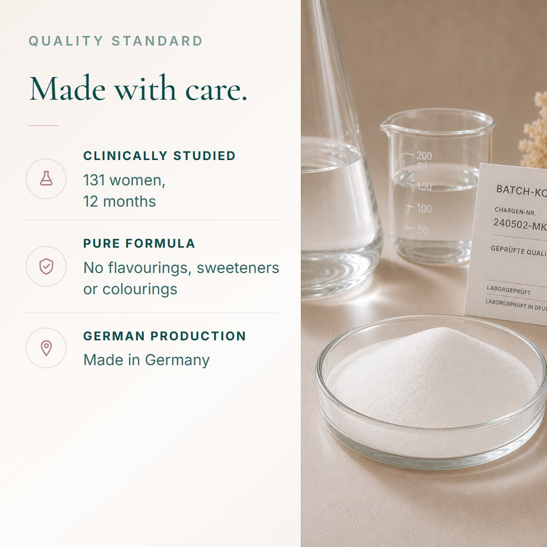 Quality standard: one study with 131 women over 12 months; no flavourings, sweeteners or colourings; made in Germany