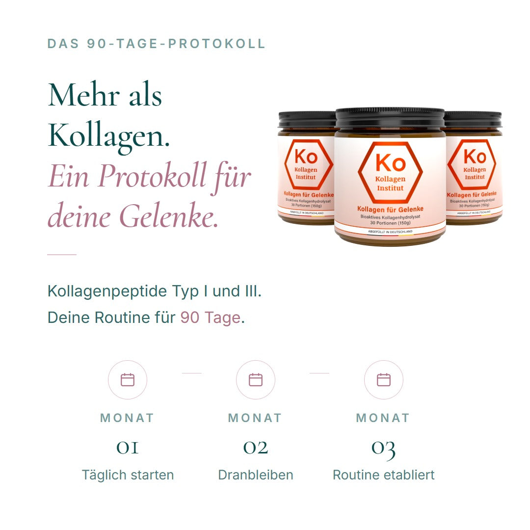 Das 90-Tage-Protokoll: Kollagen Typ I und III – Monat 1 täglich starten, Monat 2 dranbleiben, Monat 3 Routine etabliert