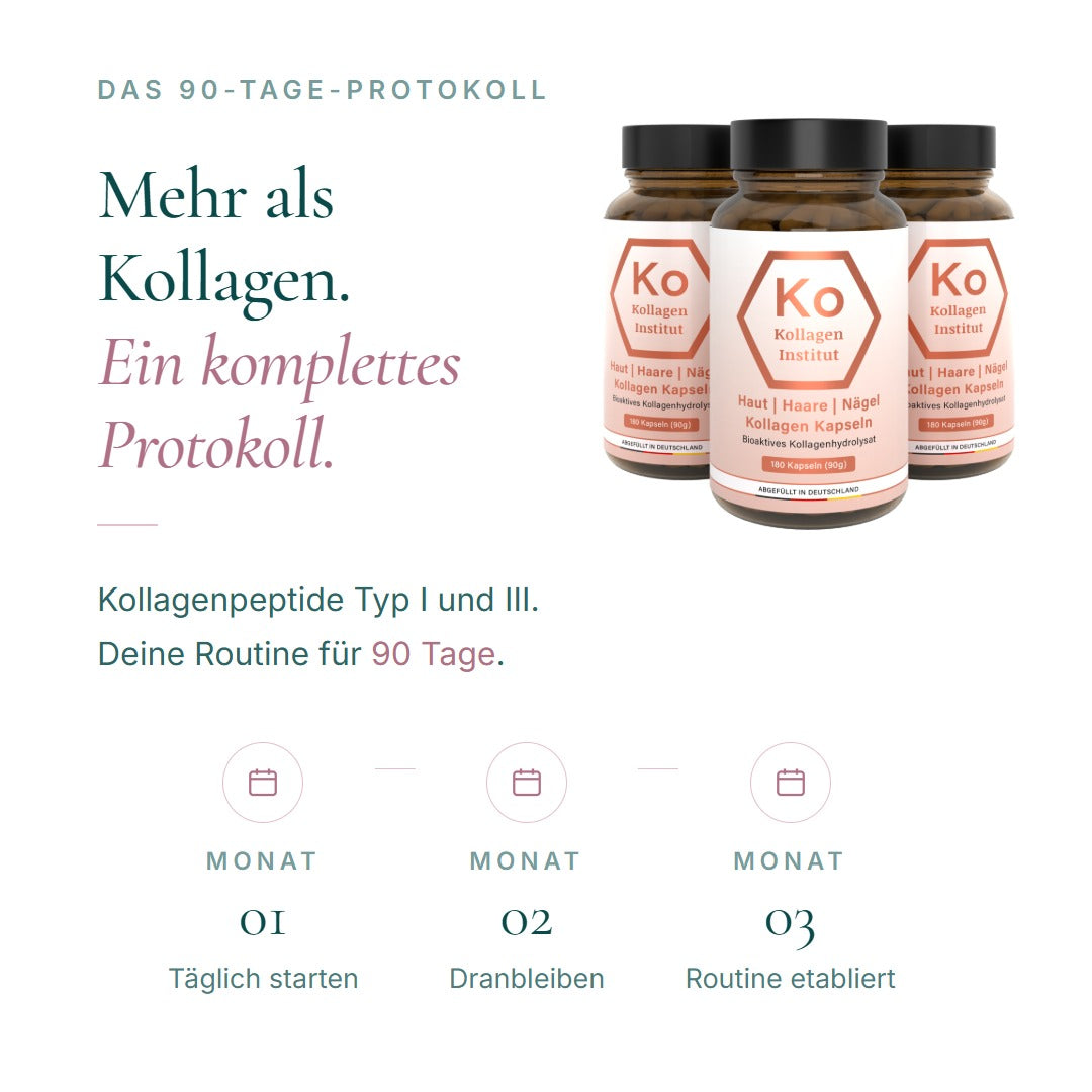 Das 90-Tage-Protokoll: Kollagen Typ I und III – Monat 1 täglich starten, Monat 2 dranbleiben, Monat 3 Routine etabliert