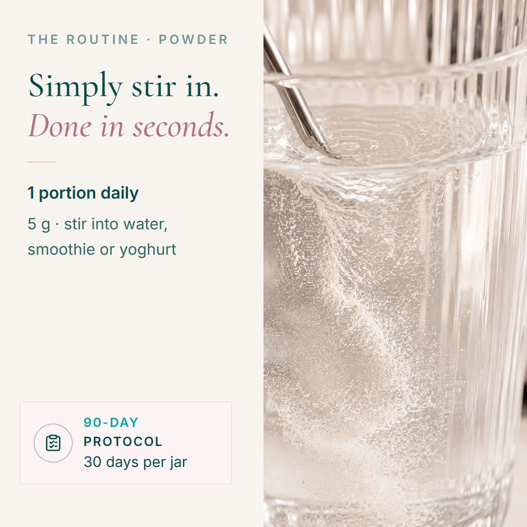 The routine: one 5 g serving a day, stirred into water, a smoothie or yoghurt – 90-day protocol: 3 jars of 30 days